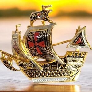 DAMASCENE Ship Brooch Two Tone  Pin Spanish Galleon Iron Cross Vintage